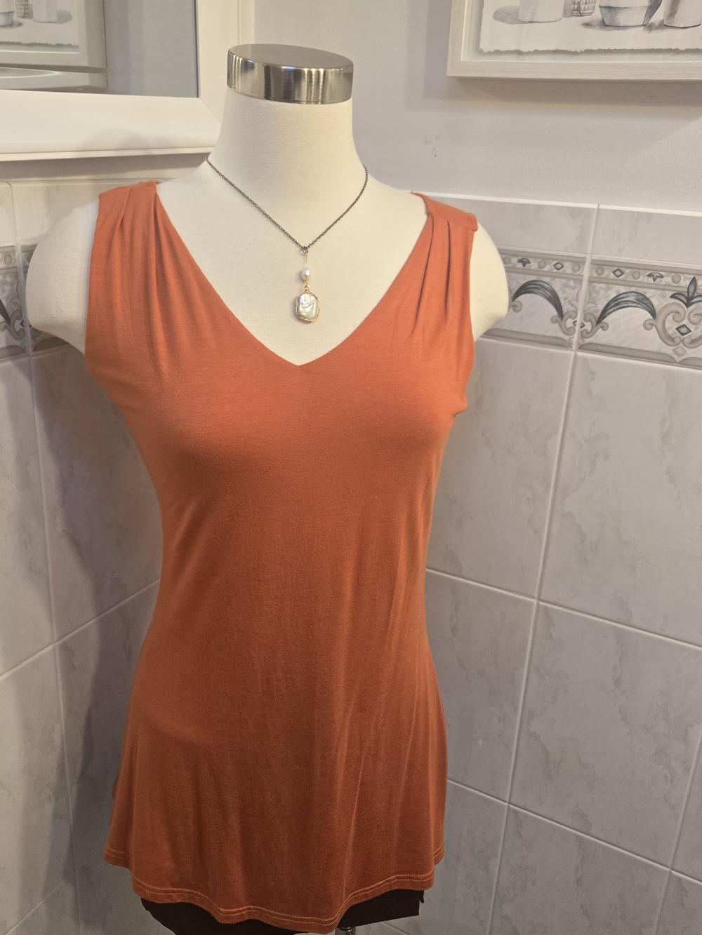 PattyBoutik Sleeveless V-Neck Rust Orange Tank Top. Hand Tailored